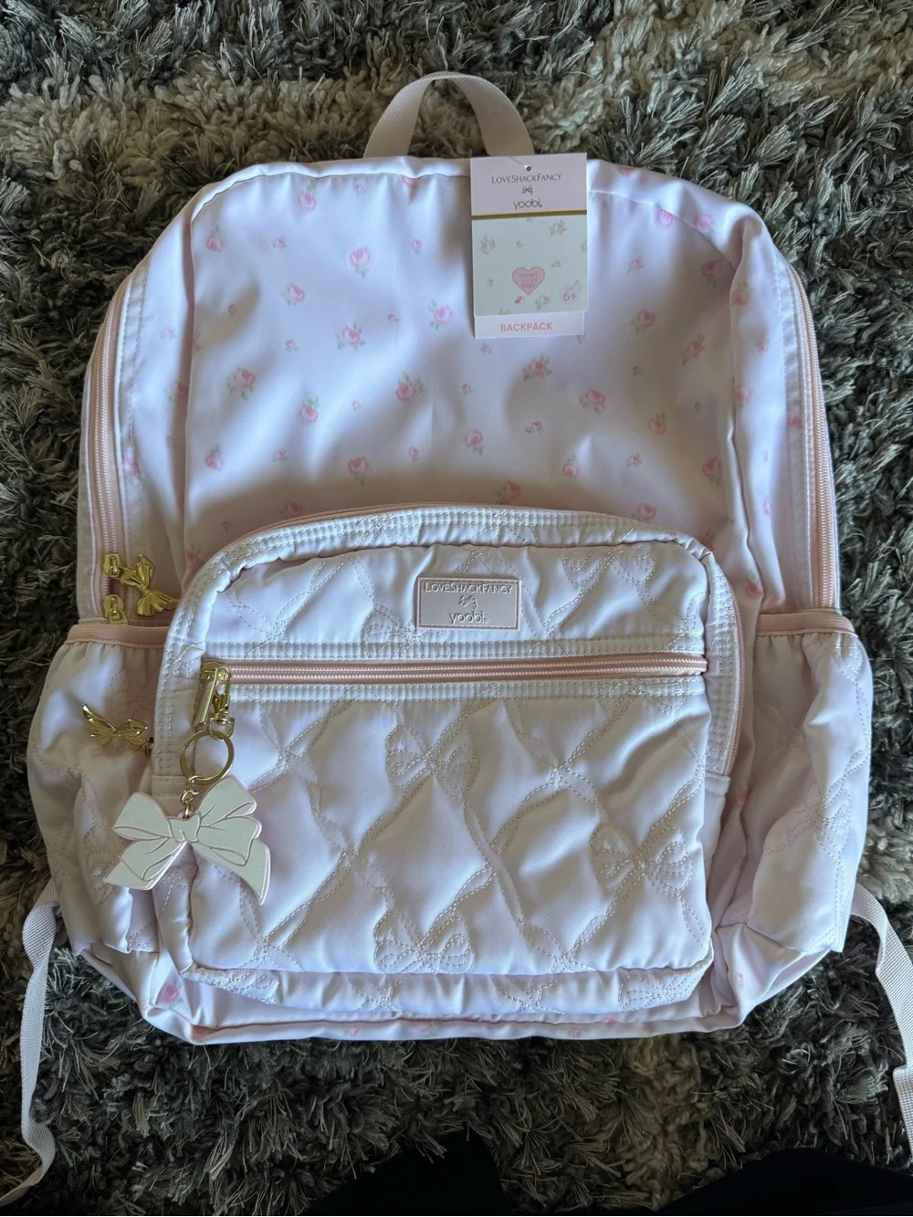 Kids Pink Quilted Backpack with Bow Charm